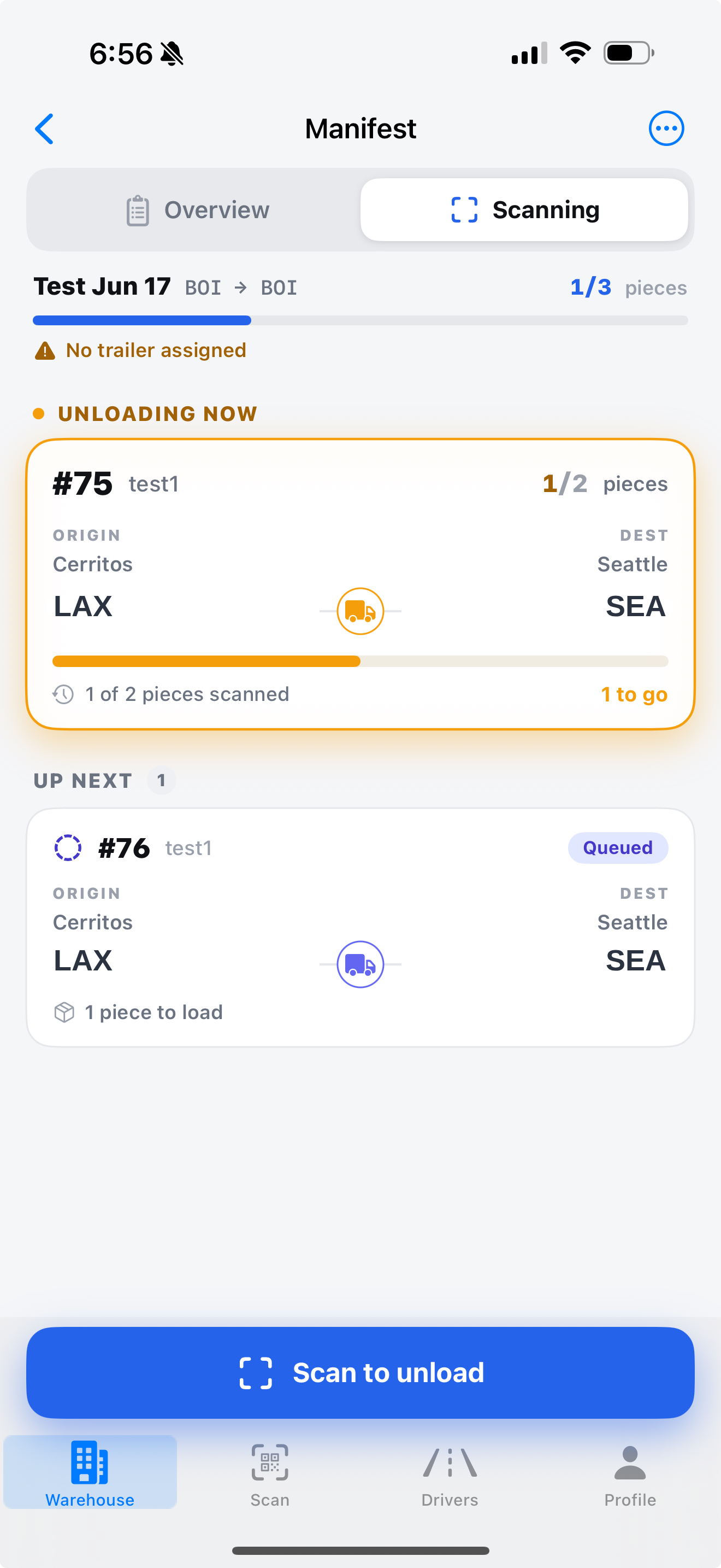 Cargotek scanning app — unloading a manifest with scan-to-unload